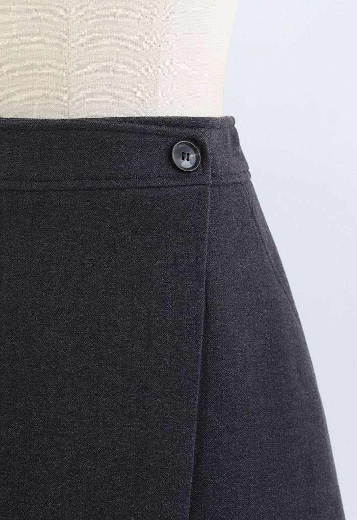 Flap Button Wool-Blend Mini Skirt in Smoke