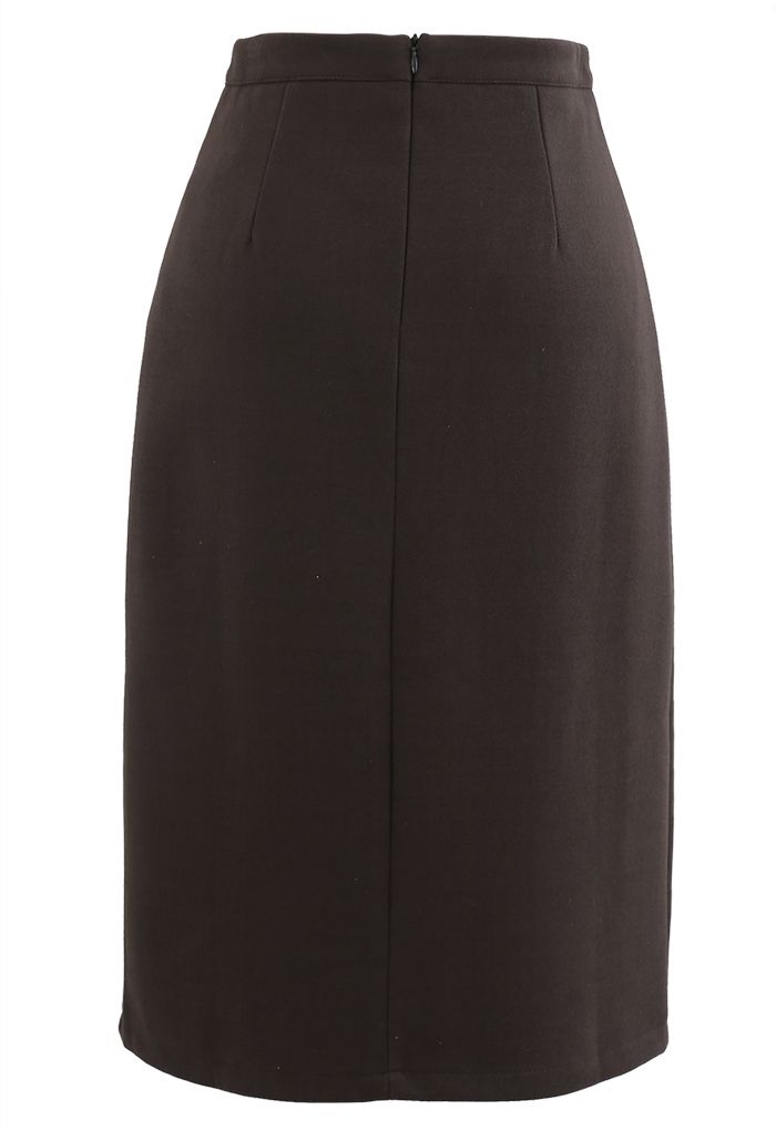 Side Slit Midi Pencil Skirt in Brown