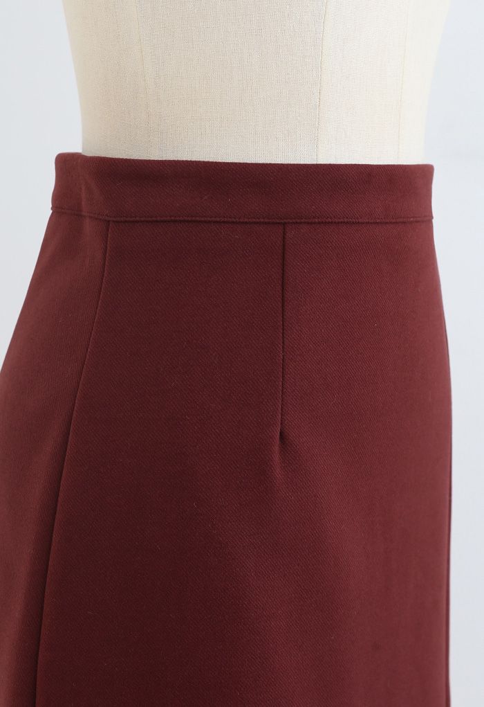 Side Slit Midi Pencil Skirt in Red