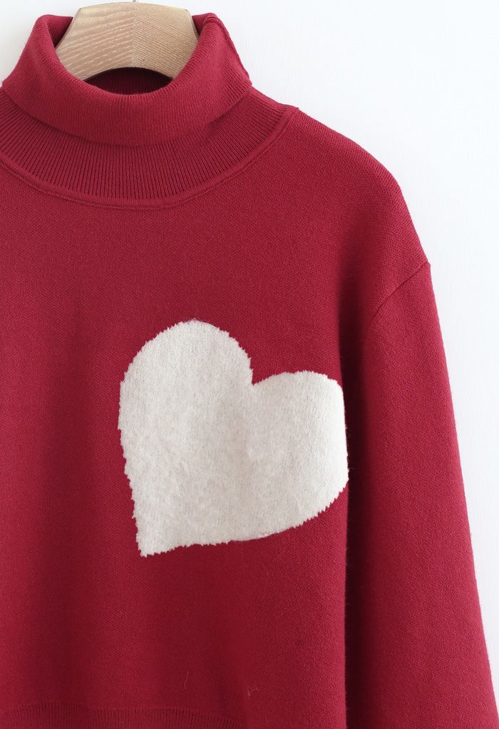 Embroidered Heart High Neck Knit Sweater in Red - Retro, Indie and ...