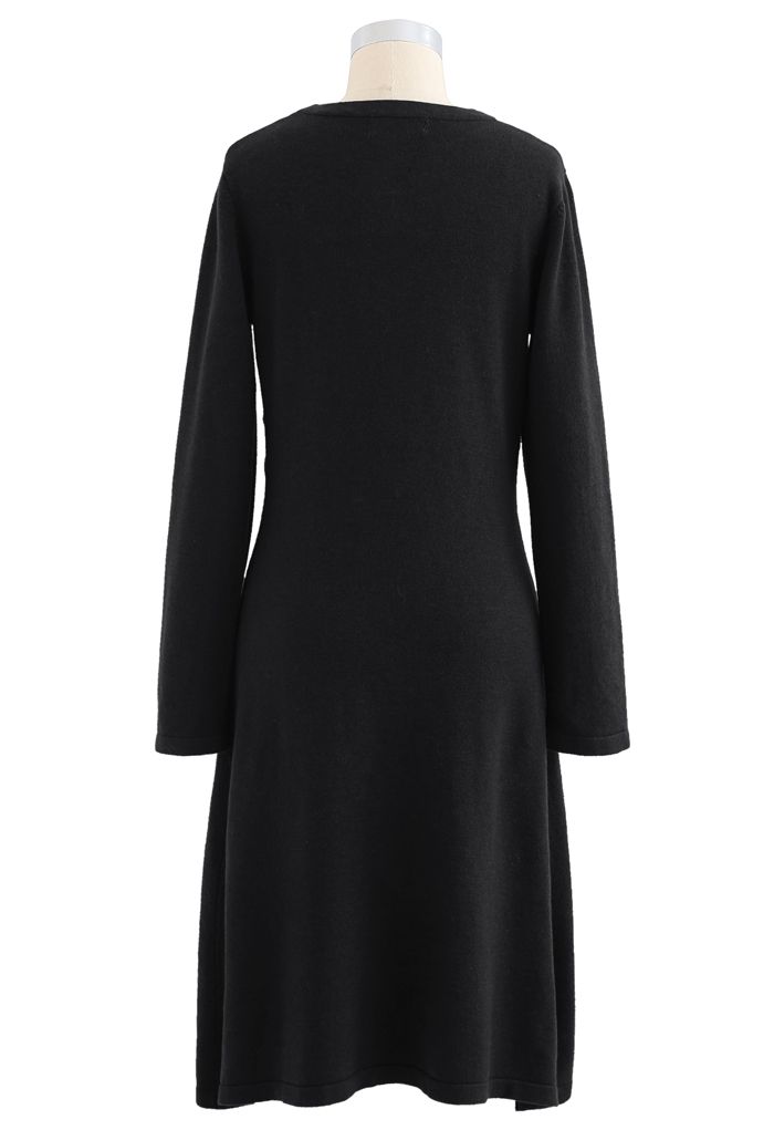 Ruched Front Flare Knit Midi Dress in Black