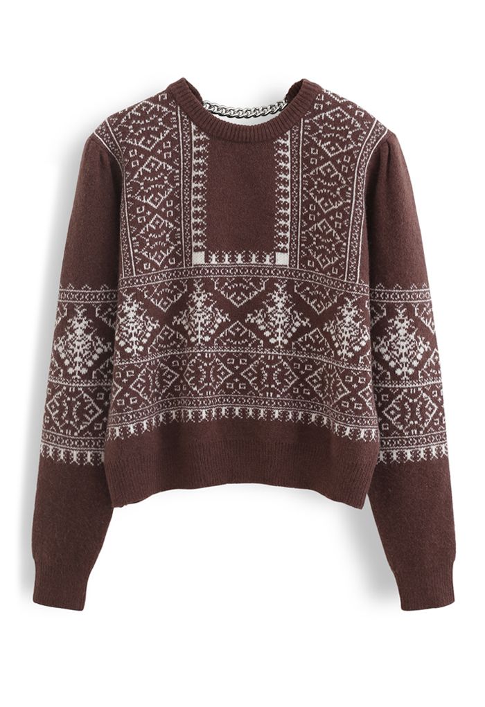 Snowflake Chain Back Ribbed Knit Sweater in Wine