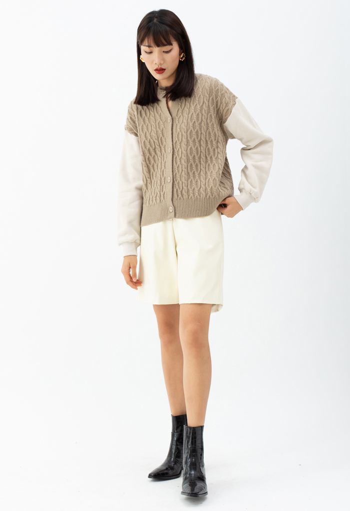 Braid Knit Spliced Sleeves Buttoned Cardigan in Camel