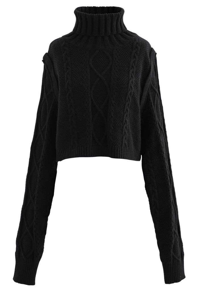 Panel Turtleneck Crop Cable Knit Sweater in Black