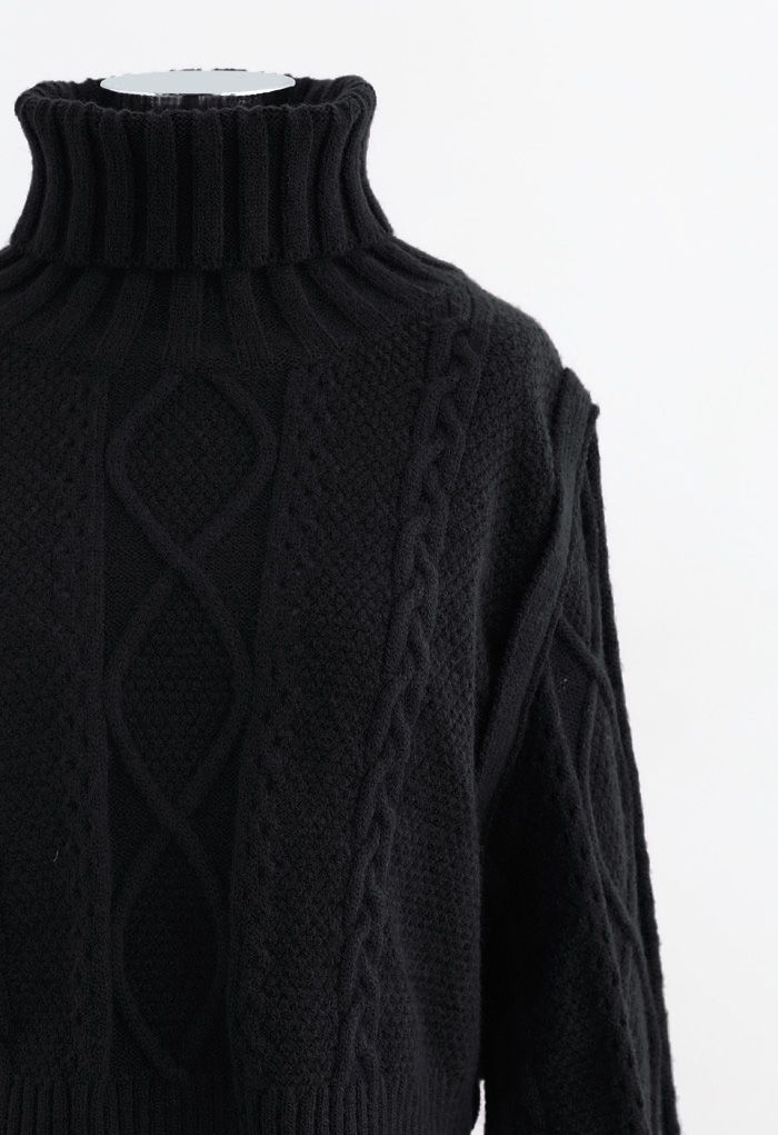 Panel Turtleneck Crop Cable Knit Sweater in Black