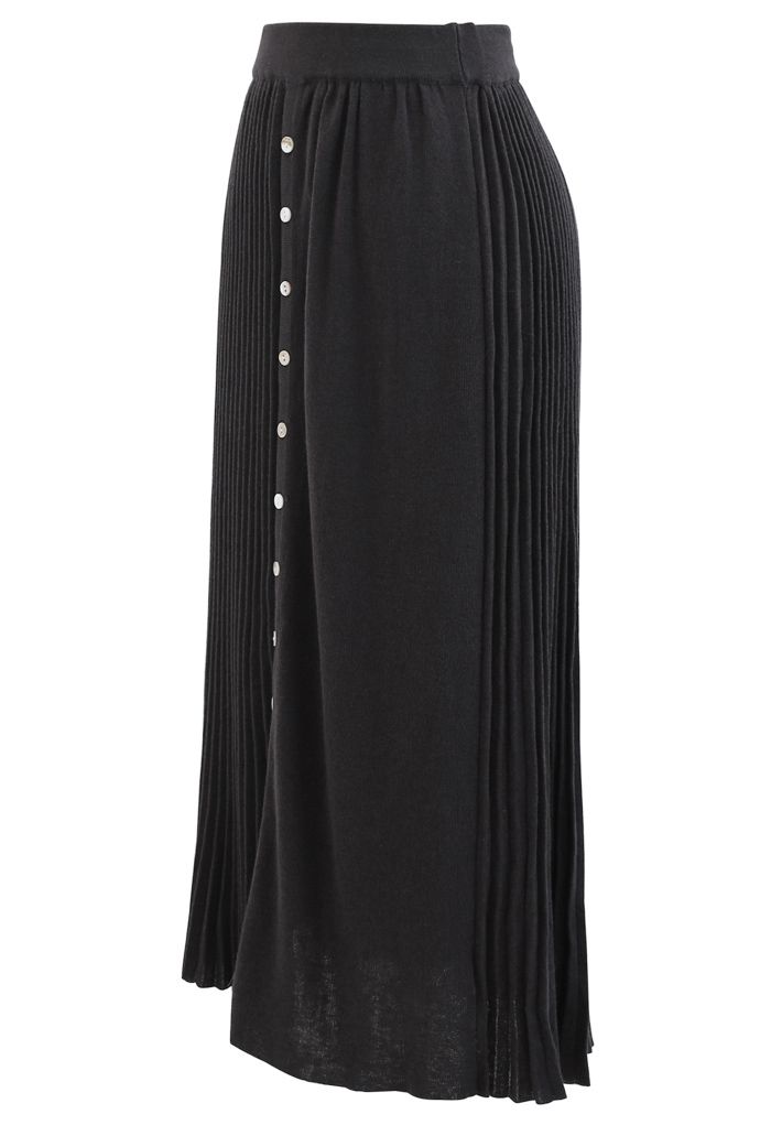 Button Front Pleated Ribbed Knit Skirt in Smoke