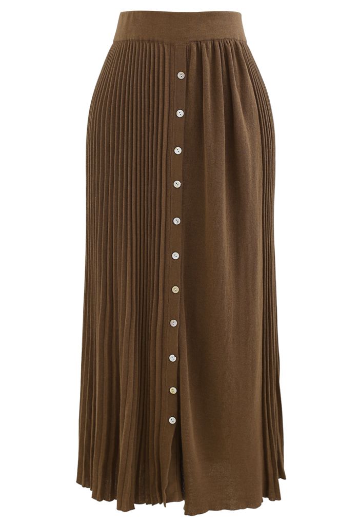 Button Front Pleated Ribbed Knit Skirt in Caramel