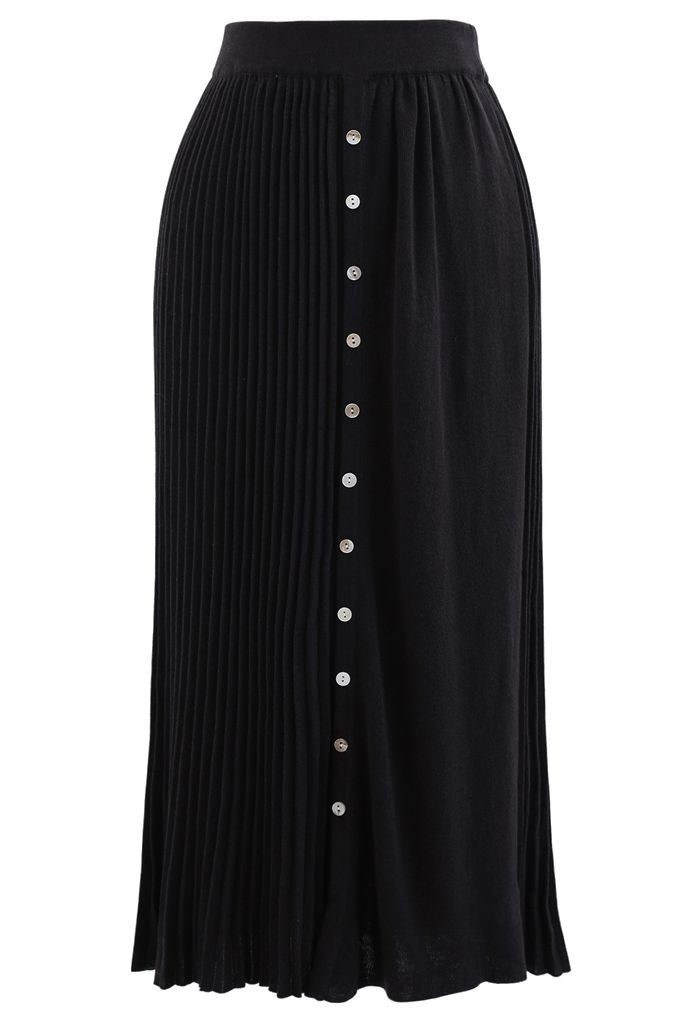 Button Front Pleated Ribbed Knit Skirt in Black