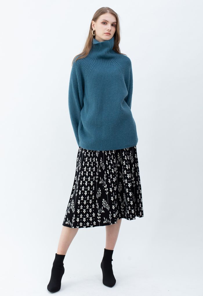 Bell Sleeves Turtleneck Knit Sweater in Peacock