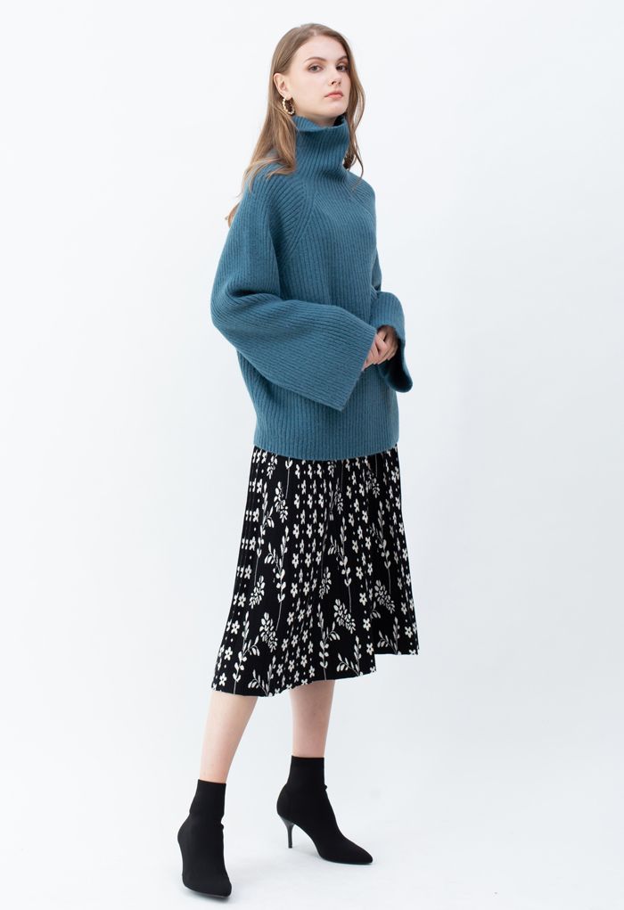 Bell Sleeves Turtleneck Knit Sweater in Peacock