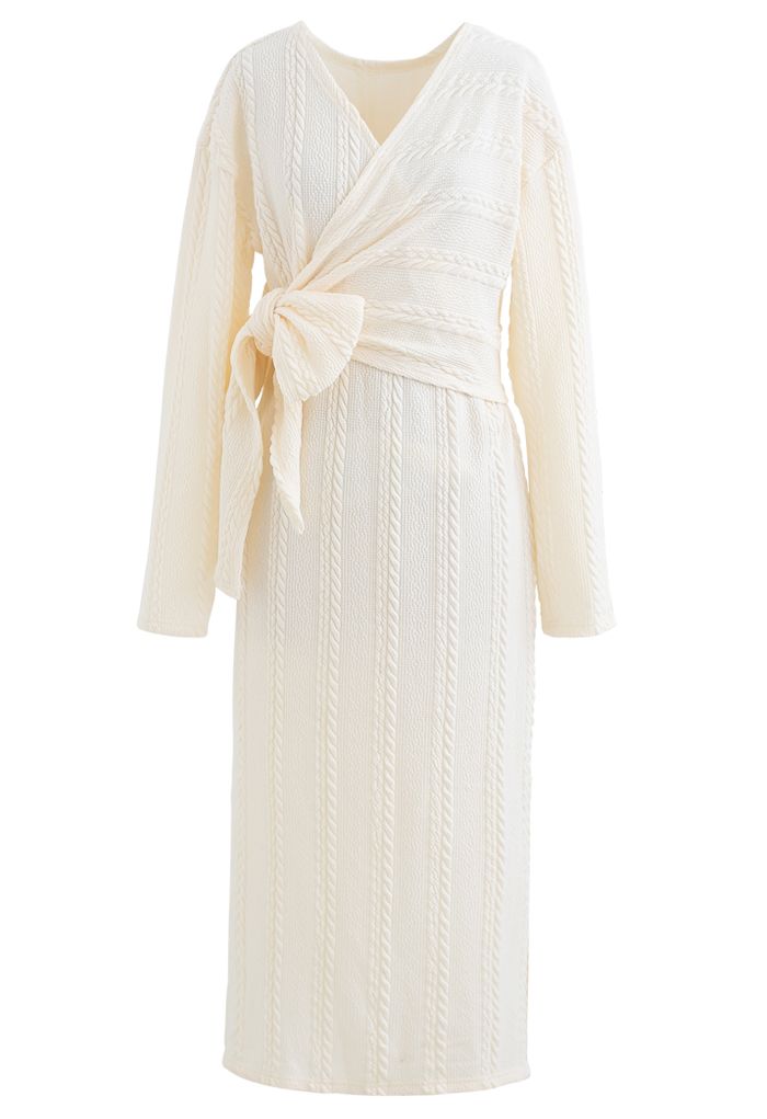 Braid Embossed Wrap Bowknot Slit Knit Dress in Ivory