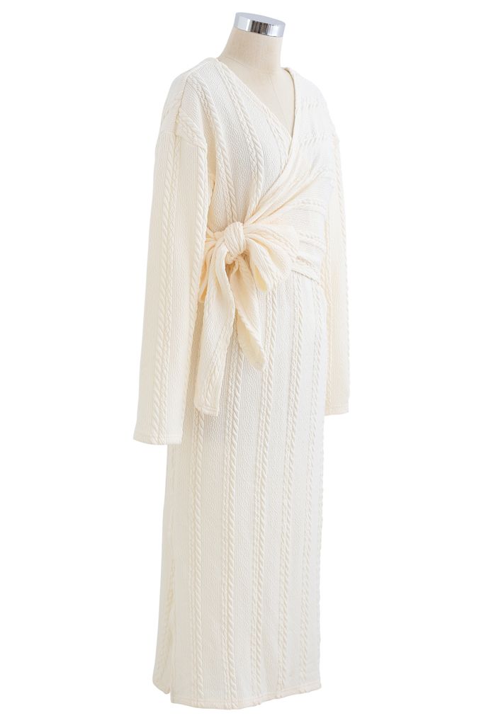 Braid Embossed Wrap Bowknot Slit Knit Dress in Ivory
