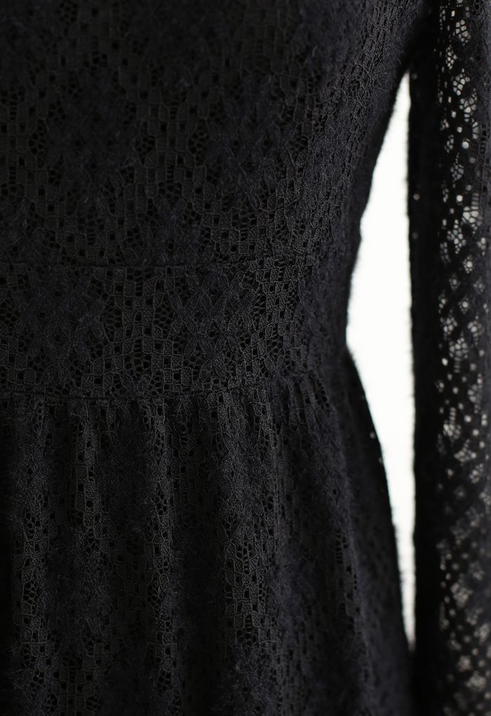 Fuzzy Full Floret Lace Mock Neck Dress in Black