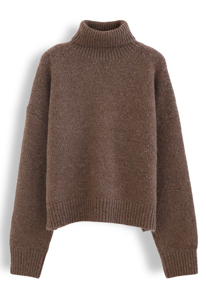 Chic Turtleneck Fuzzy Knit Sweater in Brown