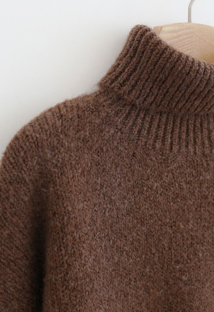 Chic Turtleneck Fuzzy Knit Sweater in Brown