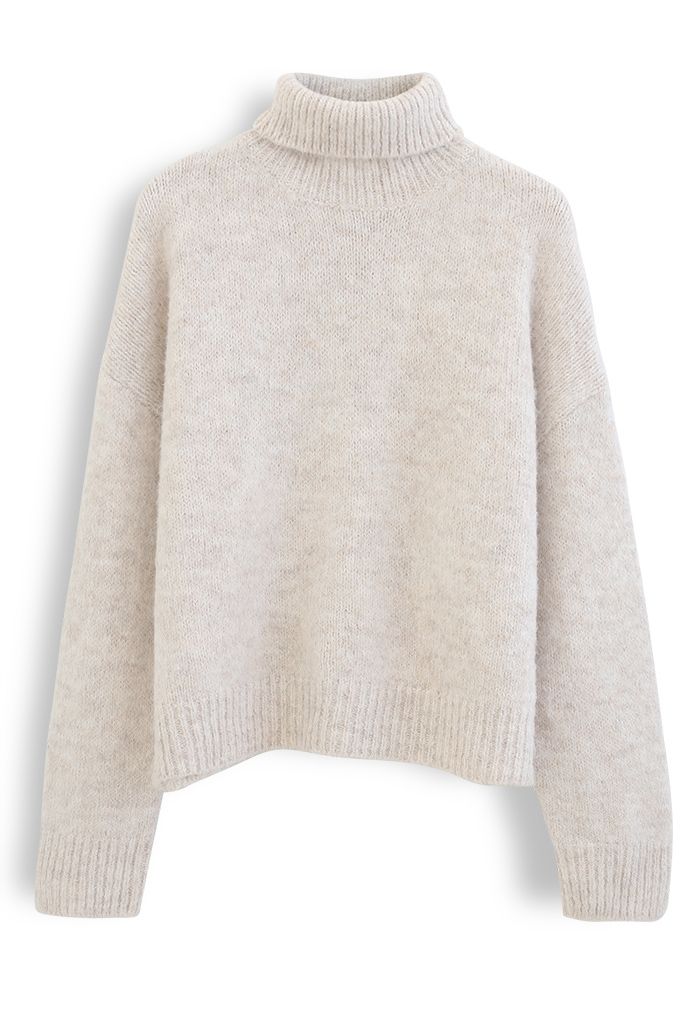 Chic Turtleneck Fuzzy Knit Sweater in Linen