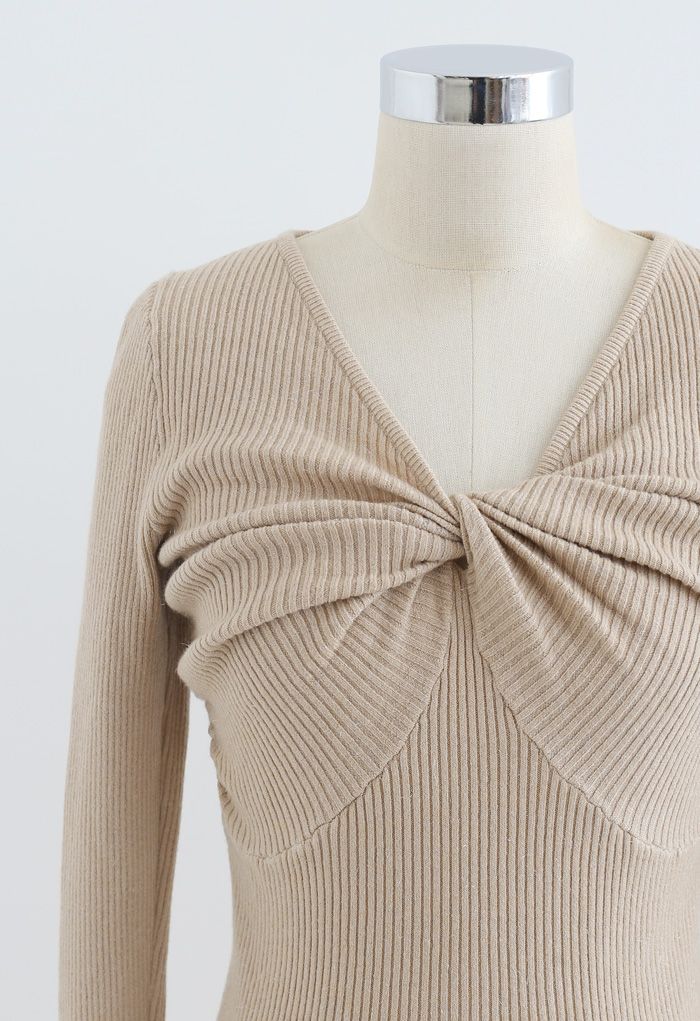 Knotted Front Fitted Knit Top in Camel
