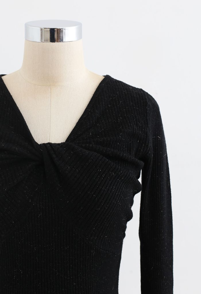Knotted Front Fitted Knit Top in Black