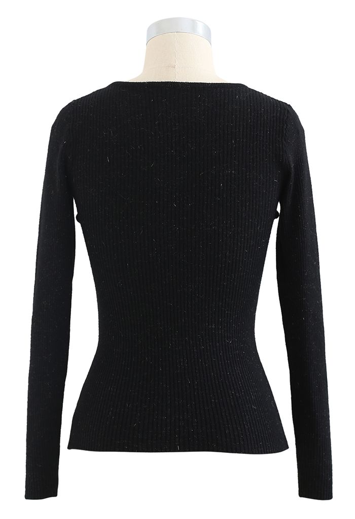 Knotted Front Fitted Knit Top in Black
