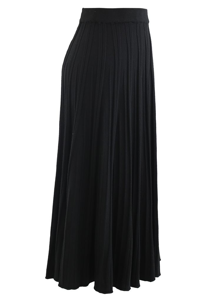 Solid Pleated Knit Skirt in Black
