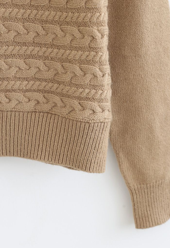 Crew Neck Braid Knit Sweater in Camel