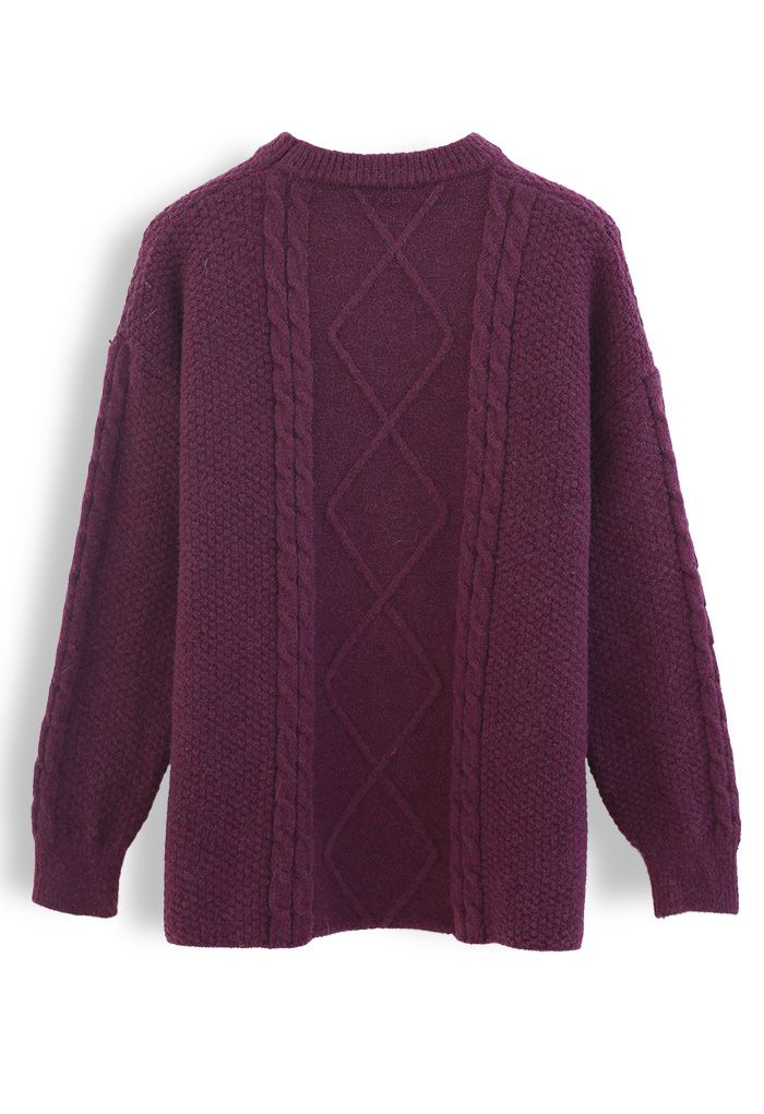 Textured Cable Knit Sweater in Plum