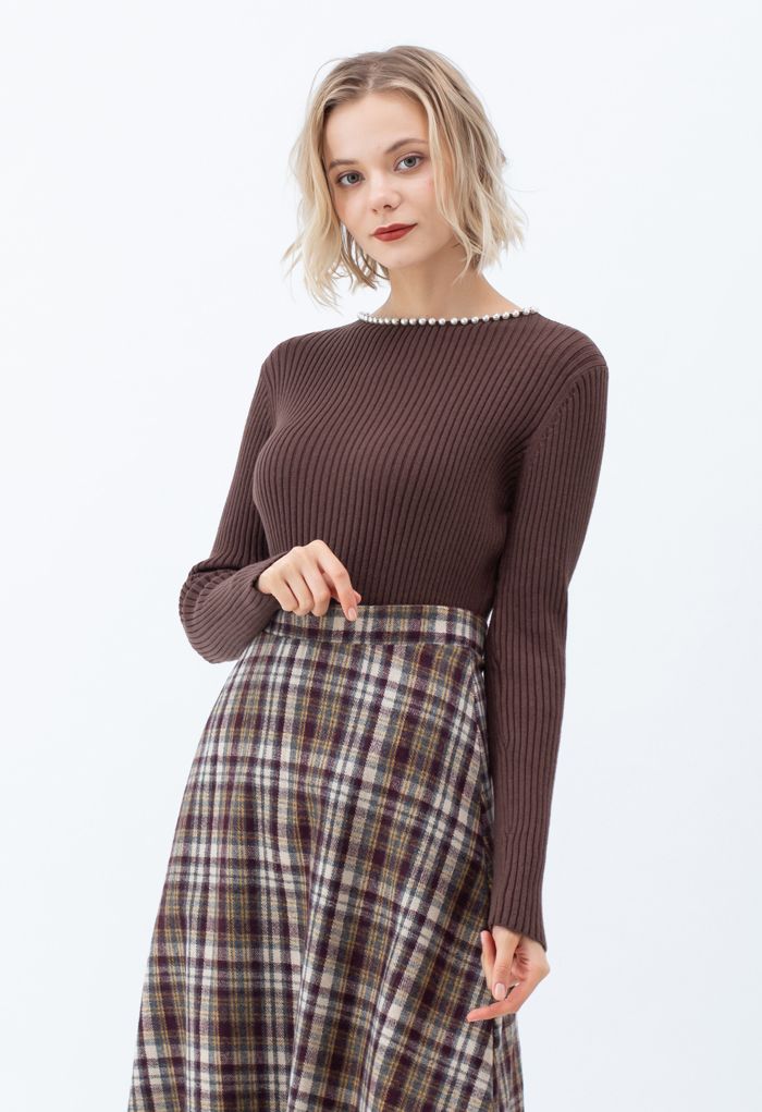 Pearl Neck Ribbed Hi-Lo Knit Sweater in Brown