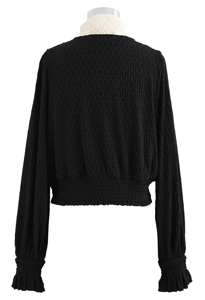Lace Spliced Embossed Wrap Top in Black