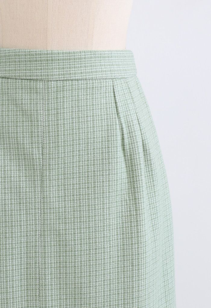 Vent Hem Houndstooth Wool-Blend Pencil Skirt in Mint
