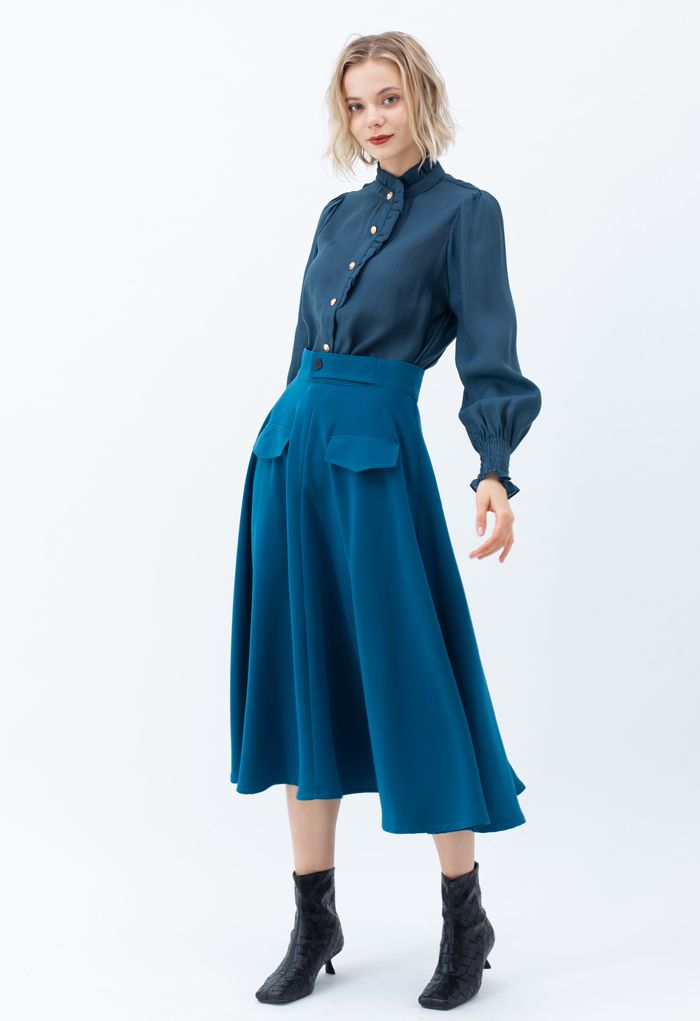 Dual Fake Pockets Buttoned Flare Skirt in Indigo