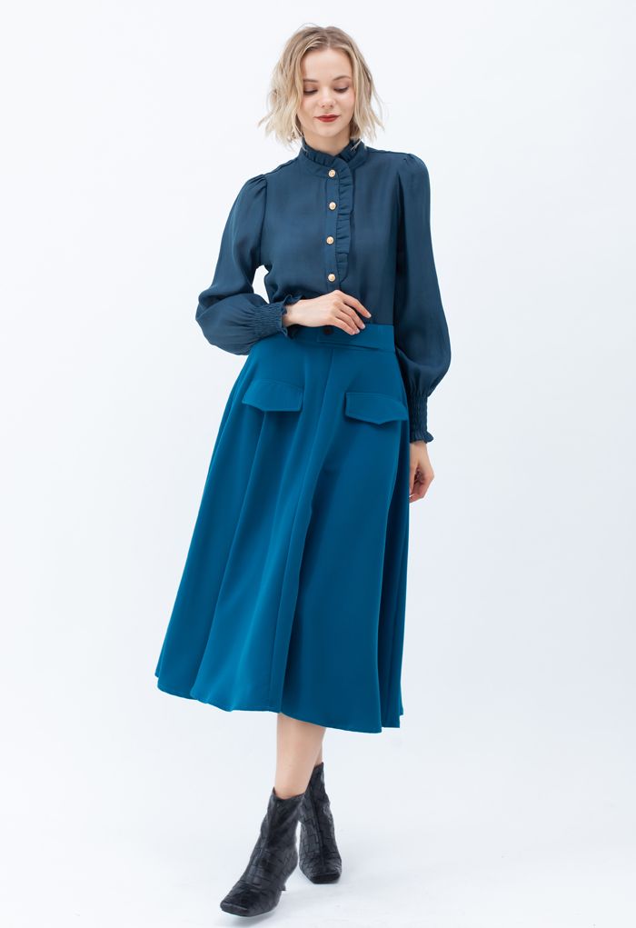 Dual Fake Pockets Buttoned Flare Skirt in Indigo