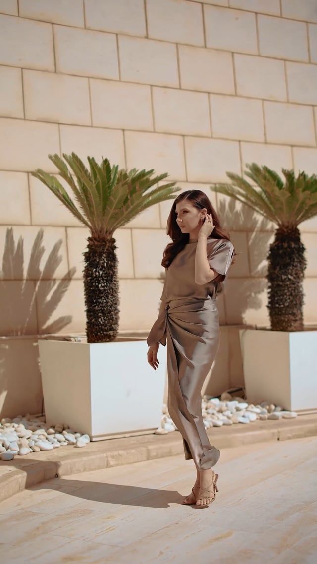 Satin Short-Sleeve Wrapped Waist Maxi Dress in Taupe