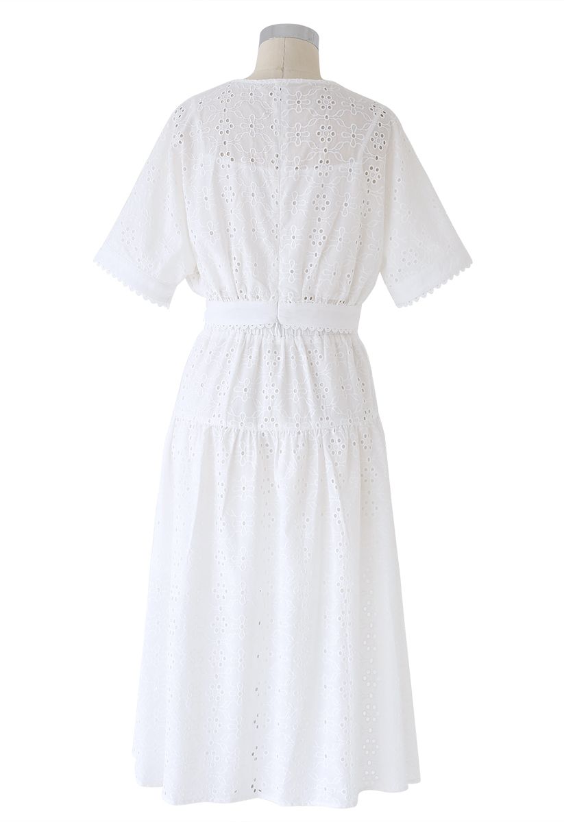 Eyelet Embroidery Batwing Sleeves Crop Top and Skirt Set in White