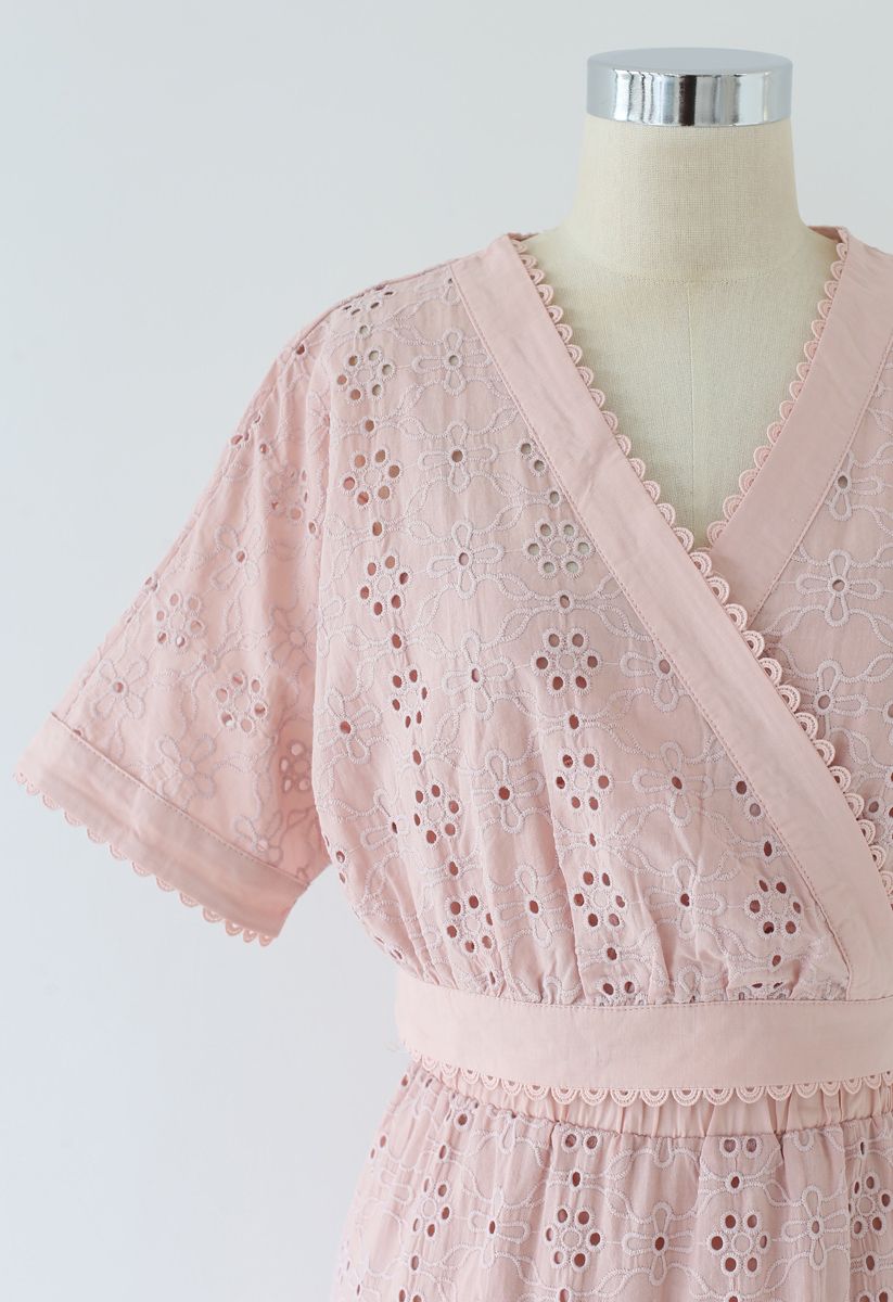 Eyelet Embroidery Batwing Sleeves Crop Top and Skirt Set in Peach