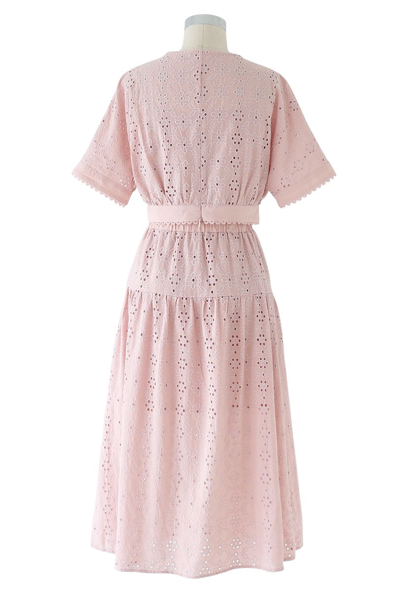 Eyelet Embroidery Batwing Sleeves Crop Top and Skirt Set in Peach