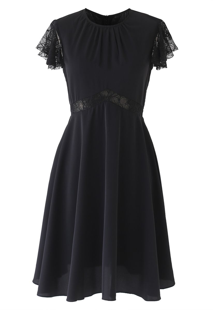 Lace Trim Flare Midi Dress in Black