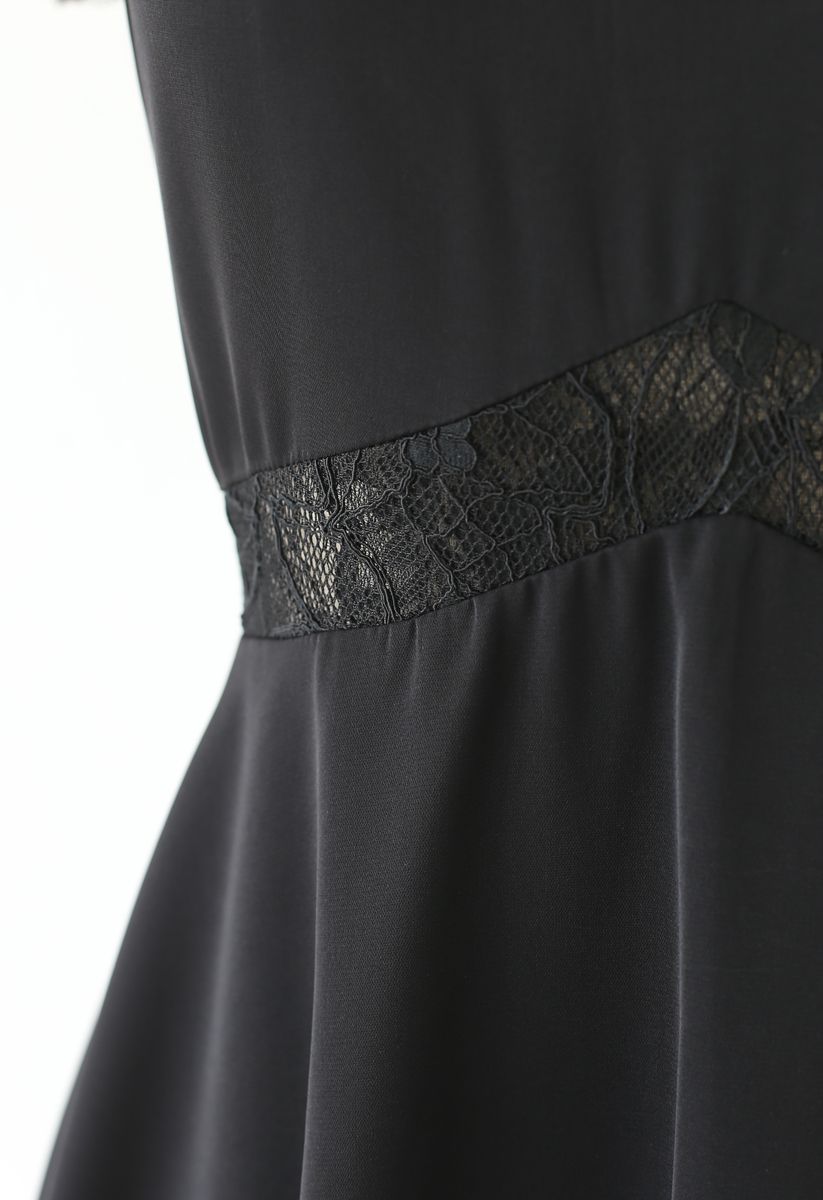 Lace Trim Flare Midi Dress in Black