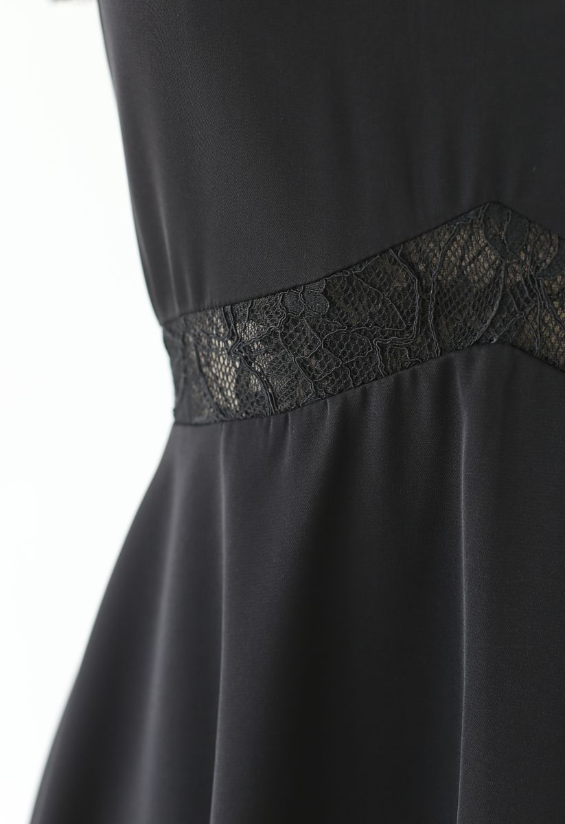 Lace Trim Flare Midi Dress in Black