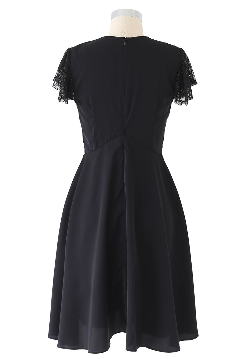 Lace Trim Flare Midi Dress in Black