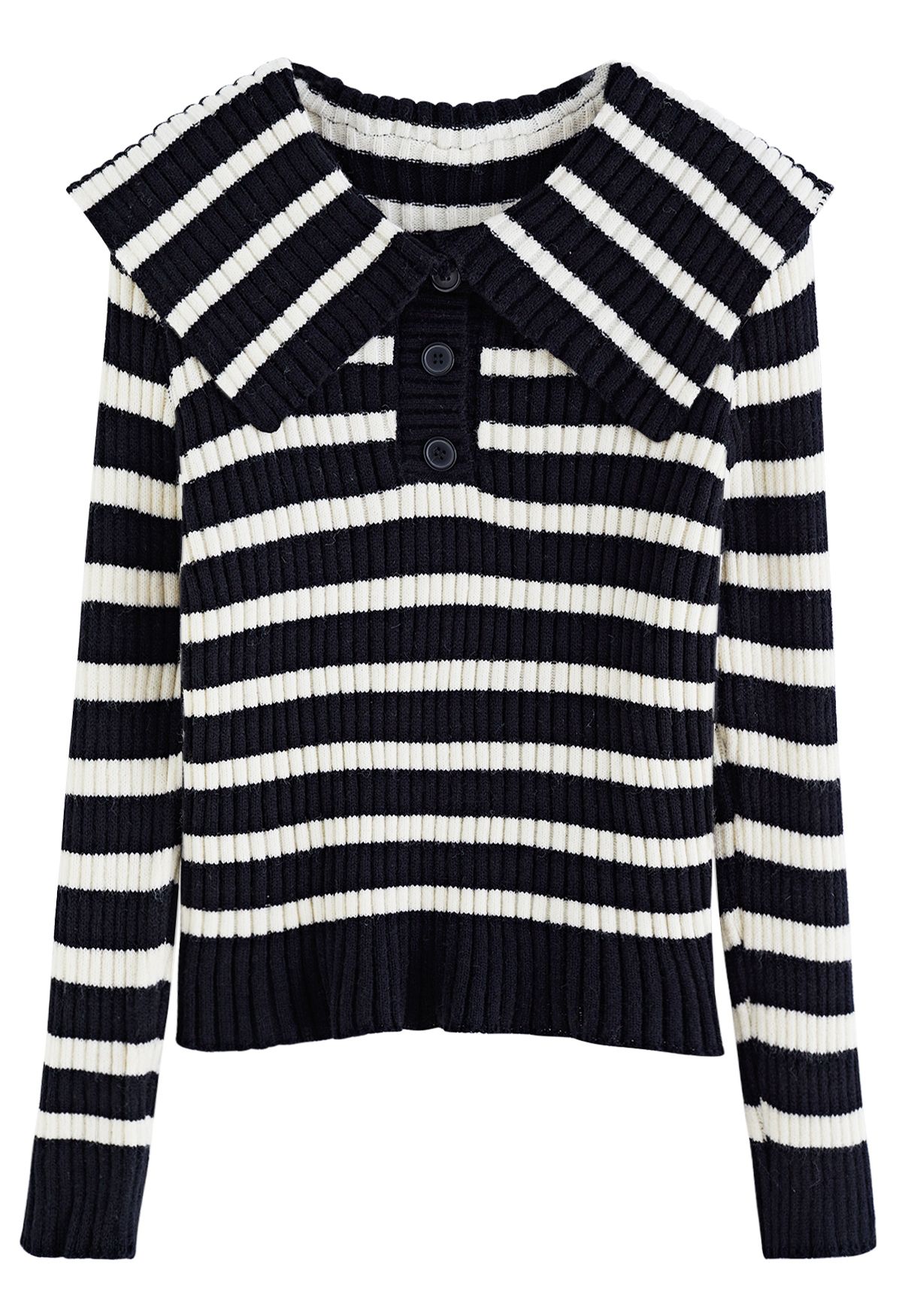 Flap Collar Striped Knit Sweater in Black