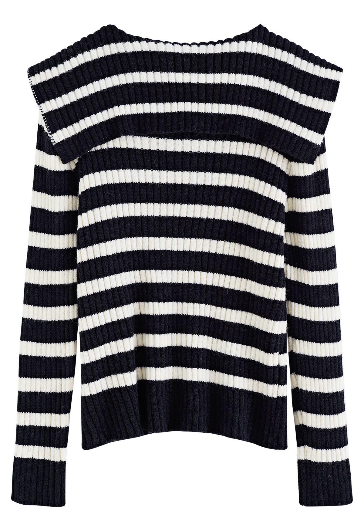 Flap Collar Striped Knit Sweater in Black