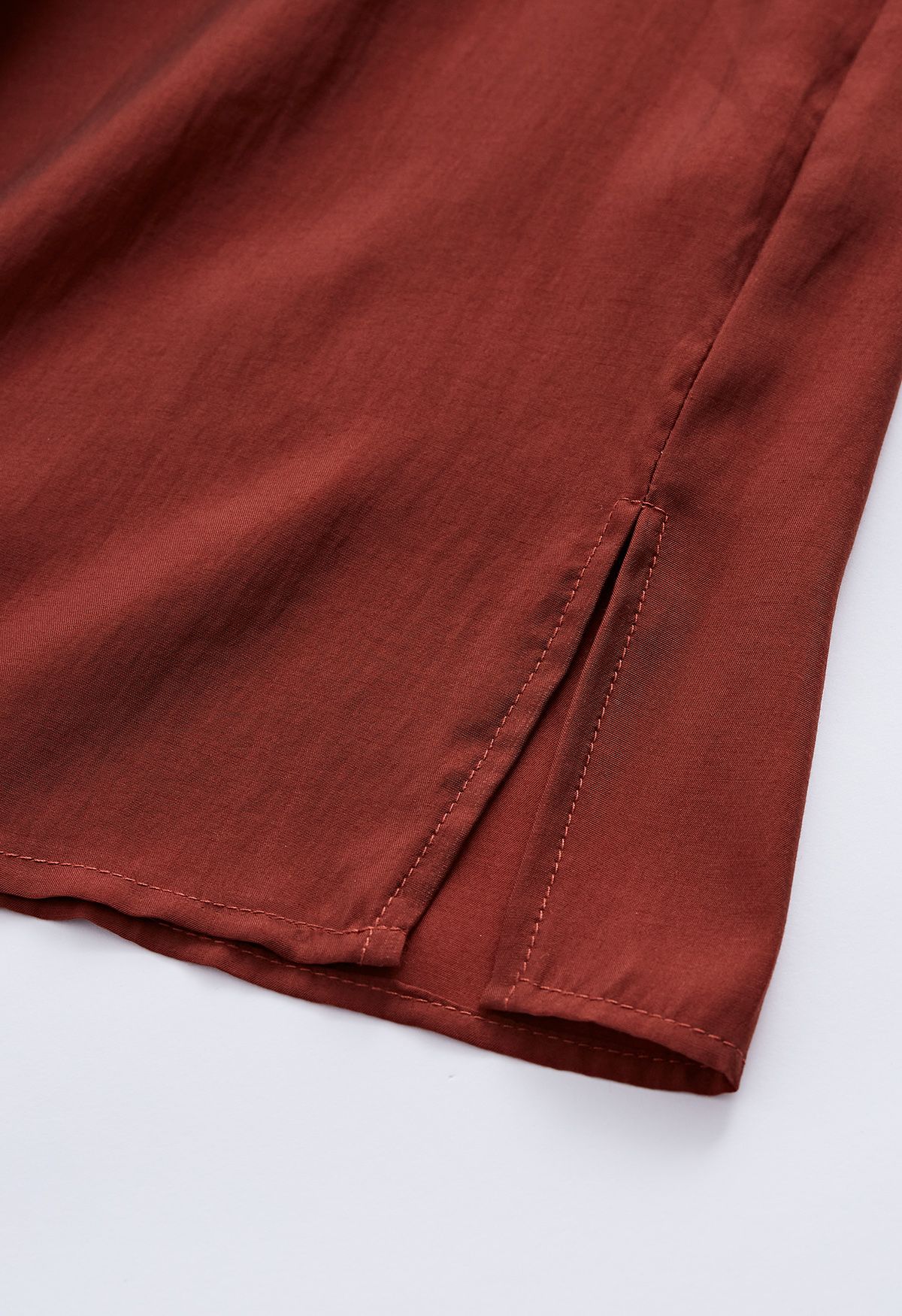 Side Vent Button Down Ruffle Shirt in Rust Red