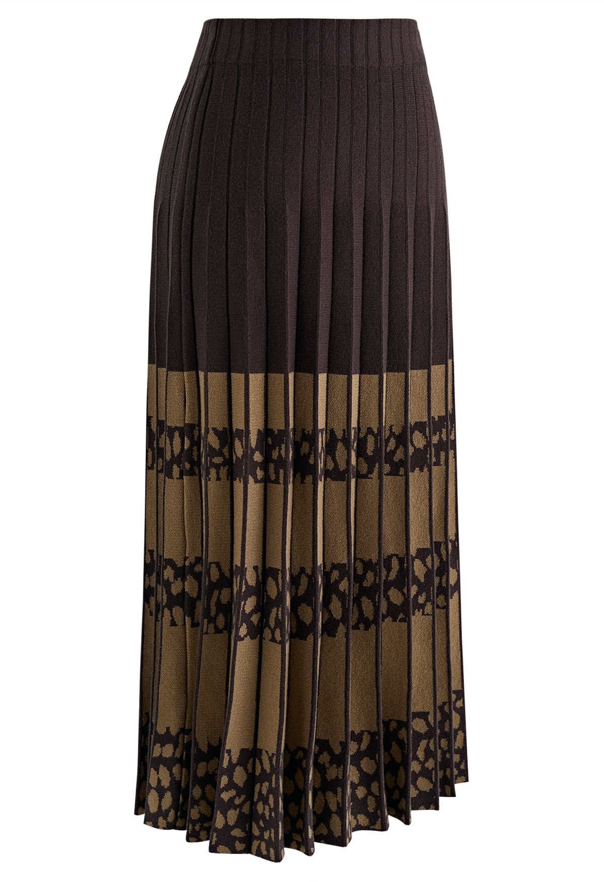 Color Block Spot Pleated Knit Skirt in Brown