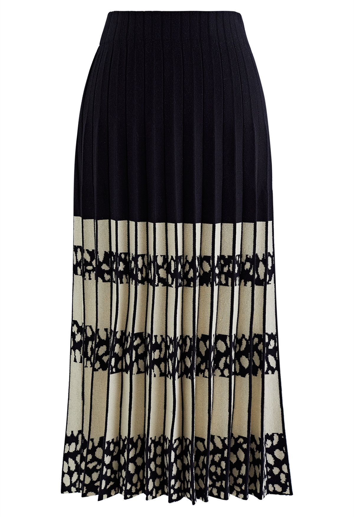 Color Block Spot Pleated Knit Skirt in Black