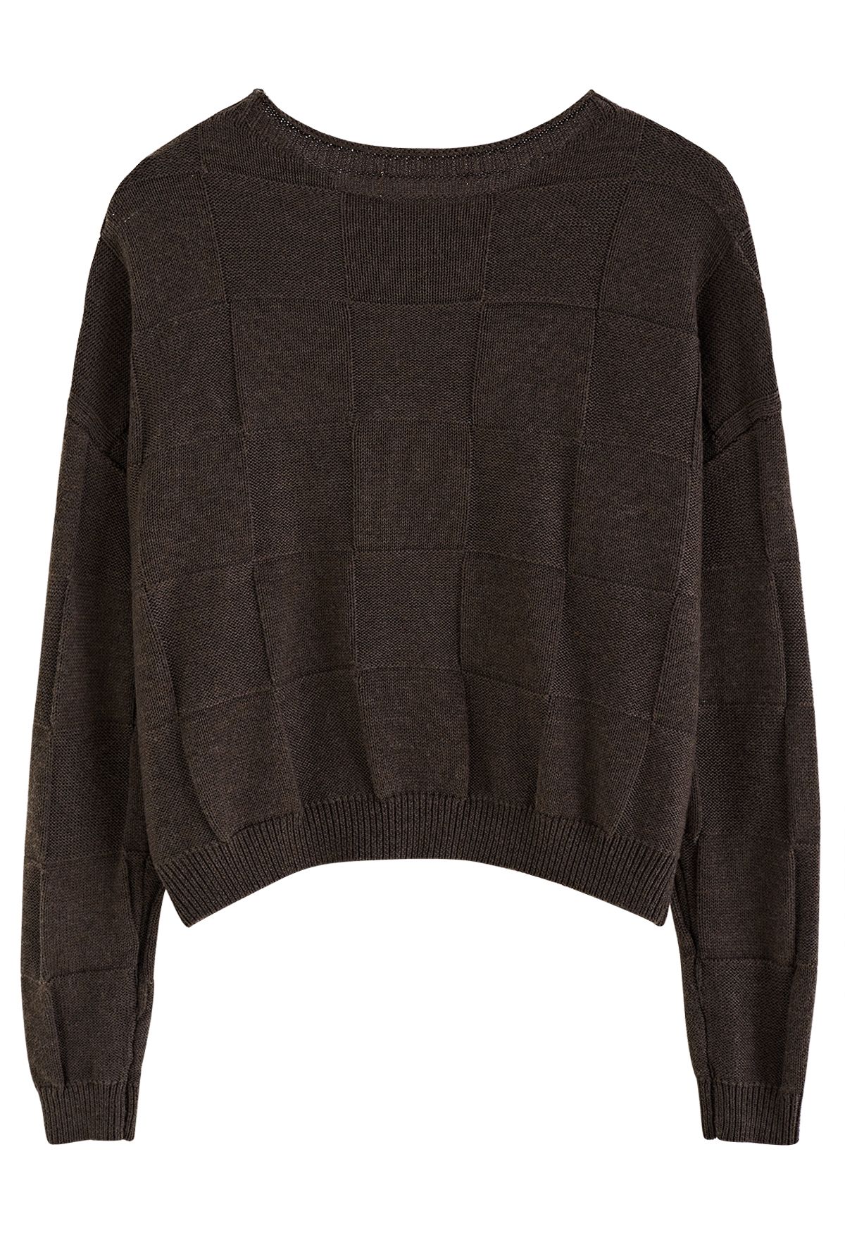Simple Grid Drop Shoulder Crop Sweater in Brown