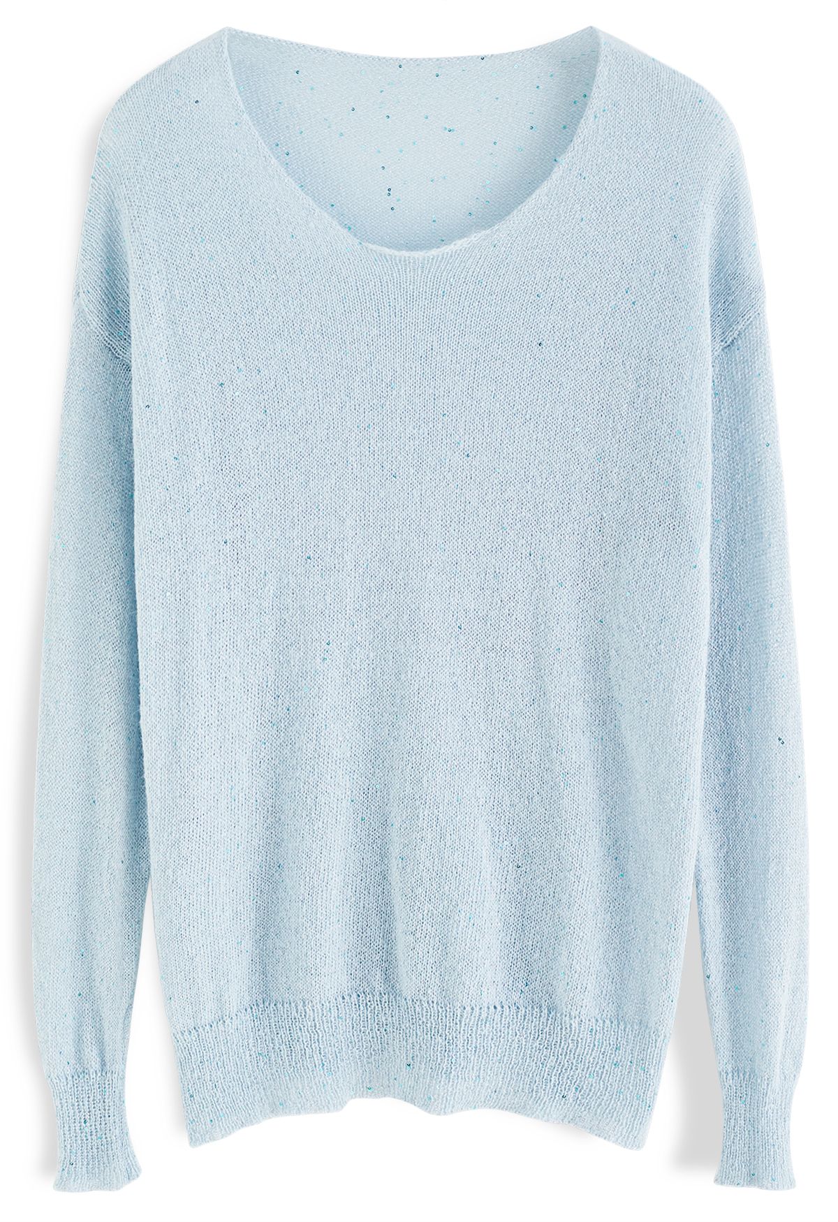 Lightweight Sequins Round Neck Knit Sweater in Baby Blue