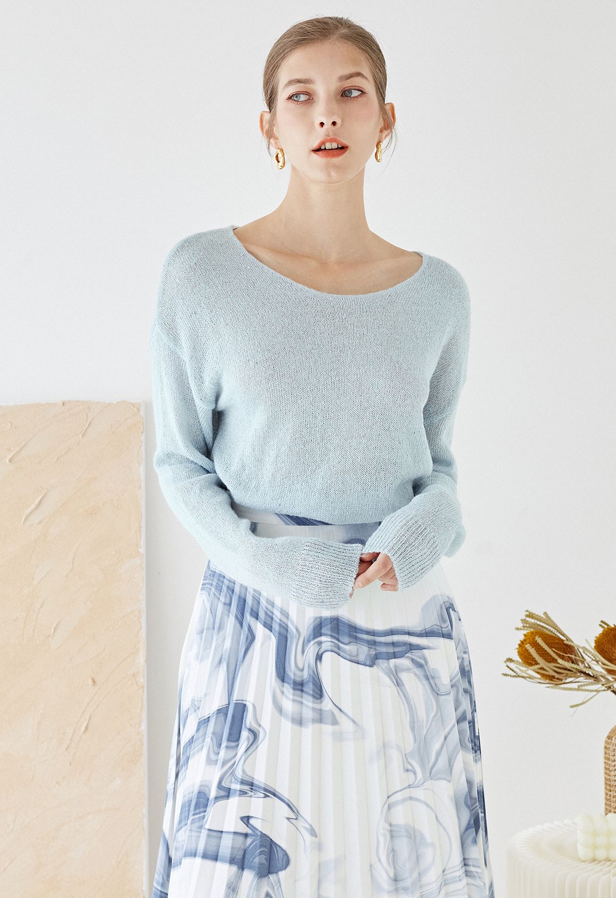 Lightweight Sequins Round Neck Knit Sweater in Baby Blue