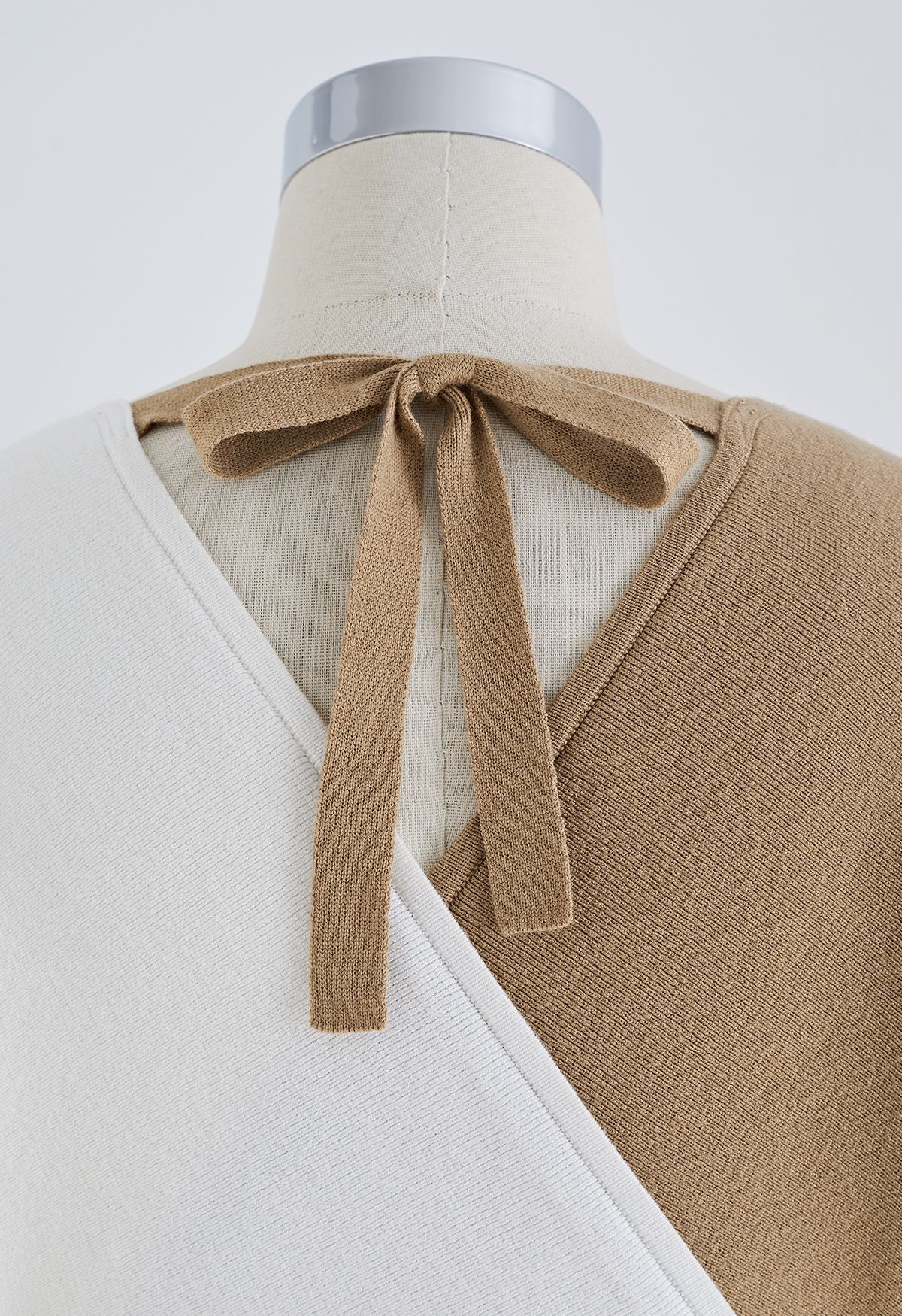 Tie Bow Two-Tone Knit Wrap Midi Dress in Tan