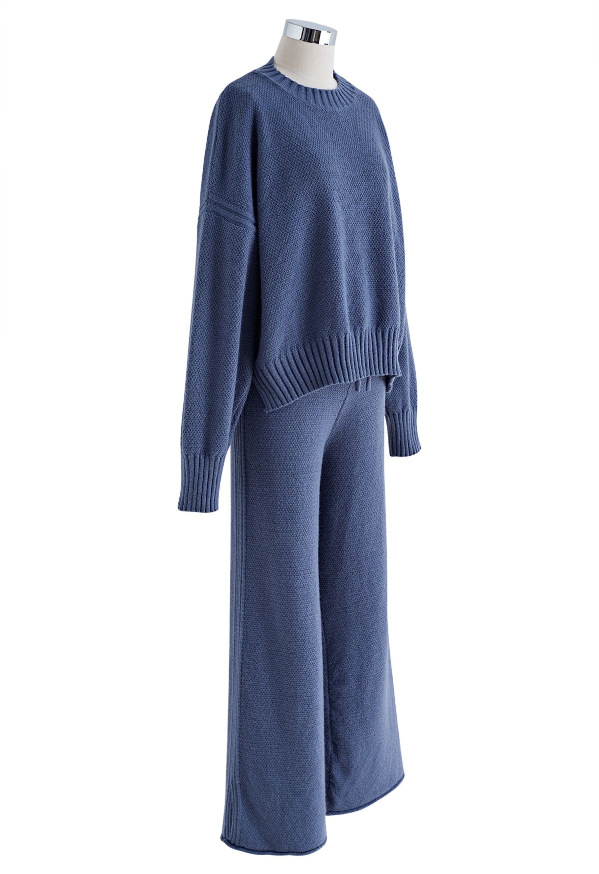 Waffle Knit Hi-Lo Sweater and Wide Leg Pants Set in Blue