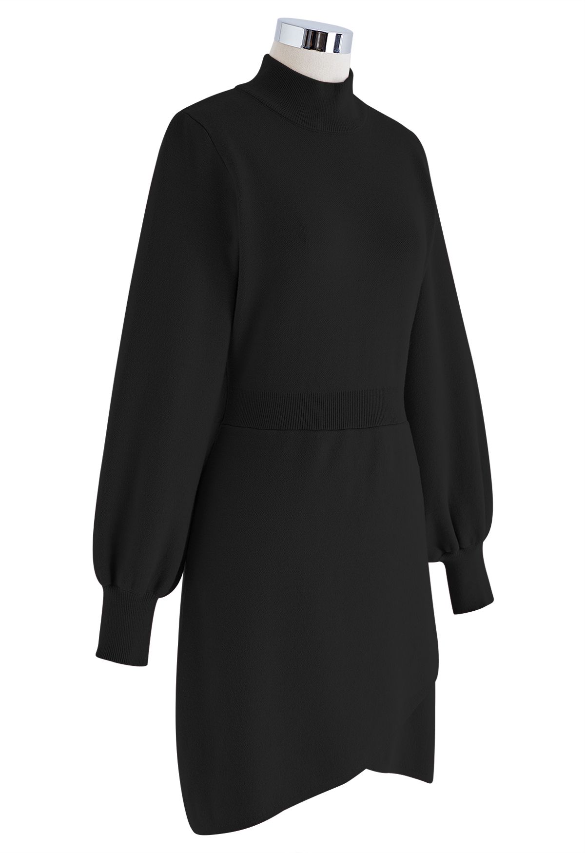 Mock Neck Cross Hem Knit Midi Dress in Black
